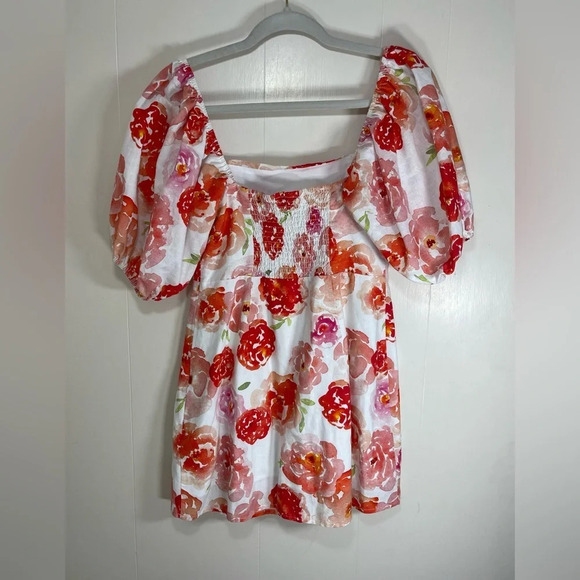 Charlie Holiday NWOT Bradley Floral Rose Linen Blend Puff Sleeve Mini Dress Sz 6 - Picture 11 of 13